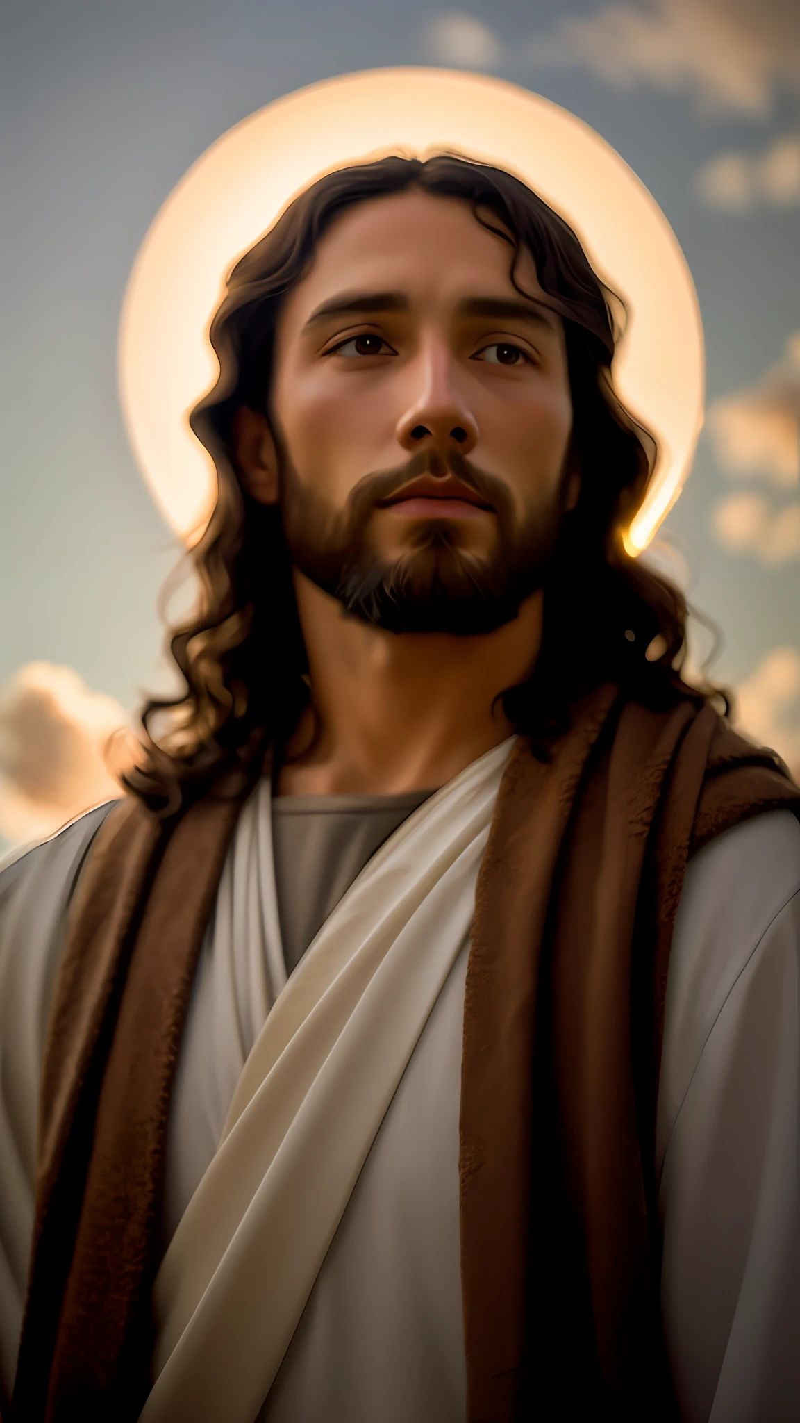 agregar_detalle:1, imagen realista de Jesucristo, agregar_detalle:luz y luz lejana del cielo por encima de la cabeza