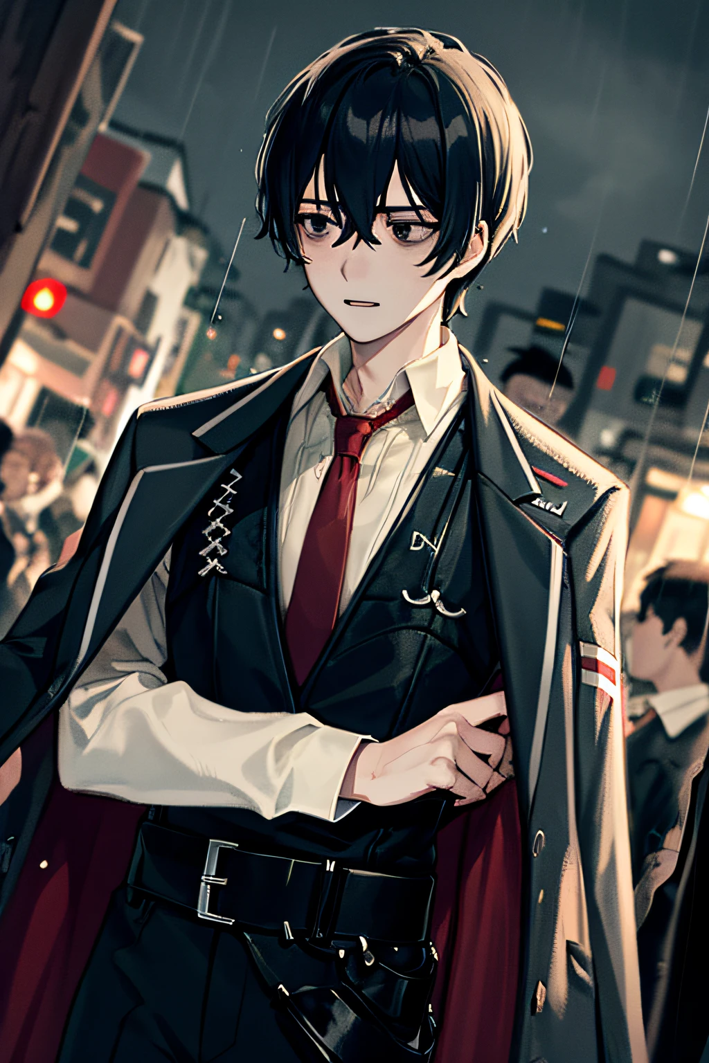 (masterpiece, best quality, detailed:1.1), yisang_limbus, default_outfit, 1boy, solo, red necktie, white shirt, collared shirt, black pants, black vest, black jacket, jacket on shoulders, outdoors, city, night, raining, crowd, dark, from below, ((dutch angle)),