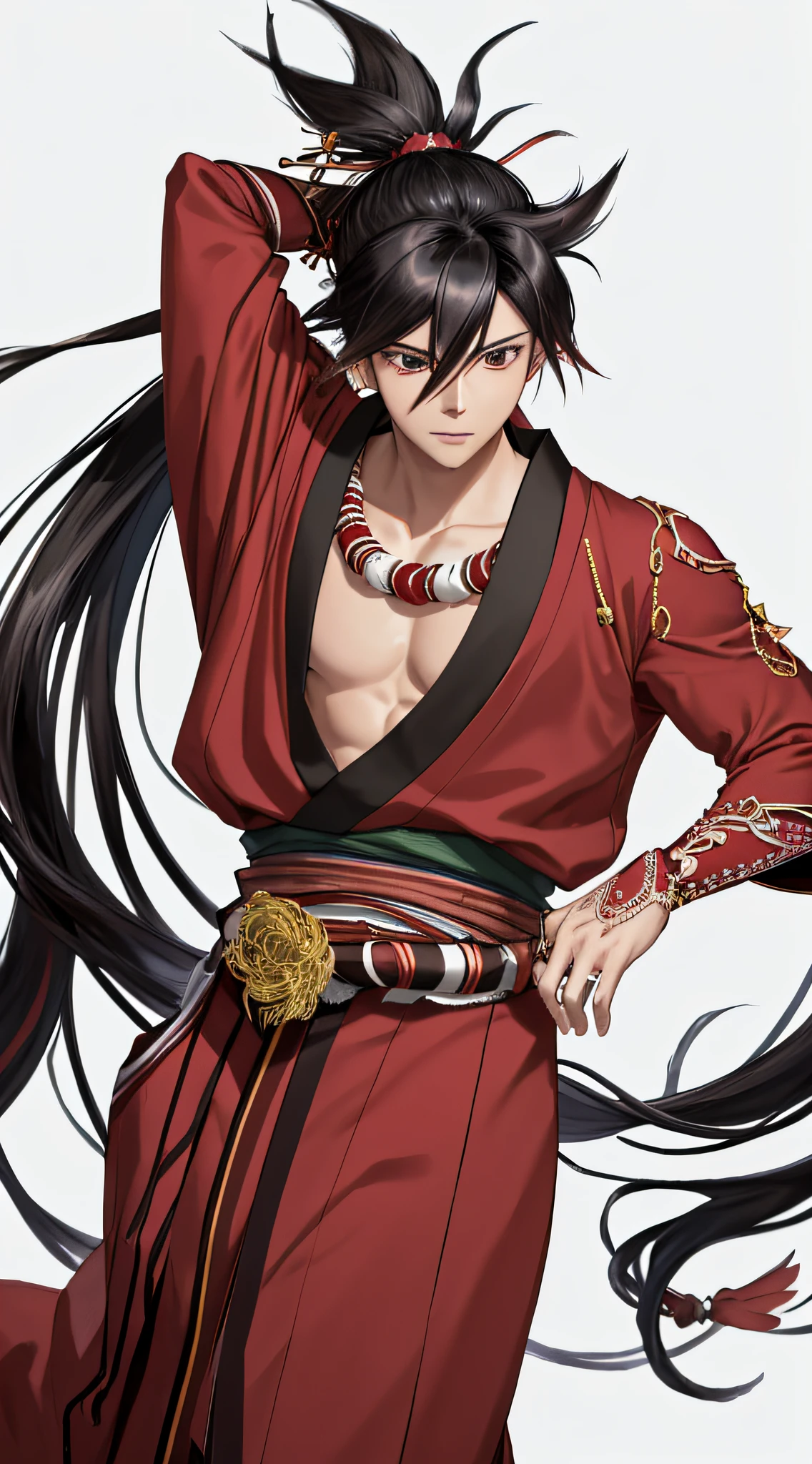 highres, sharp focus, pixiv masterpiece, ((intricate details)), highly detailed, yasuri_shichika, 1boy, male, stripe bead necklace, black hair, (spiked hair:1.1), ponytail, very long hair, red clothes, red open clothes, simple kimono, hakama