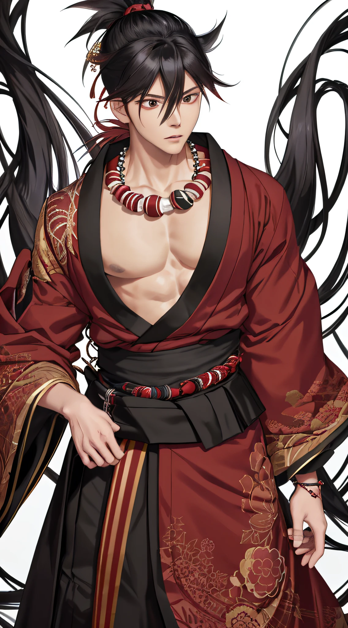 highres, sharp focus, pixiv masterpiece, ((intricate details)), highly detailed, yasuri_shichika, 1boy, male, stripe bead necklace, black hair, (spiked hair:1.1), ponytail, very long hair, red clothes, red open clothes, simple kimono, hakama