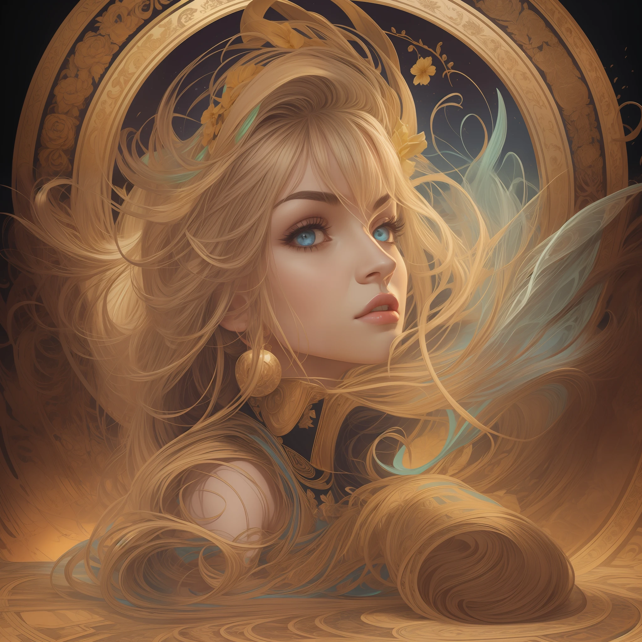 A painting of a woman with long blonde hair and blue eyes - SeaArt AI