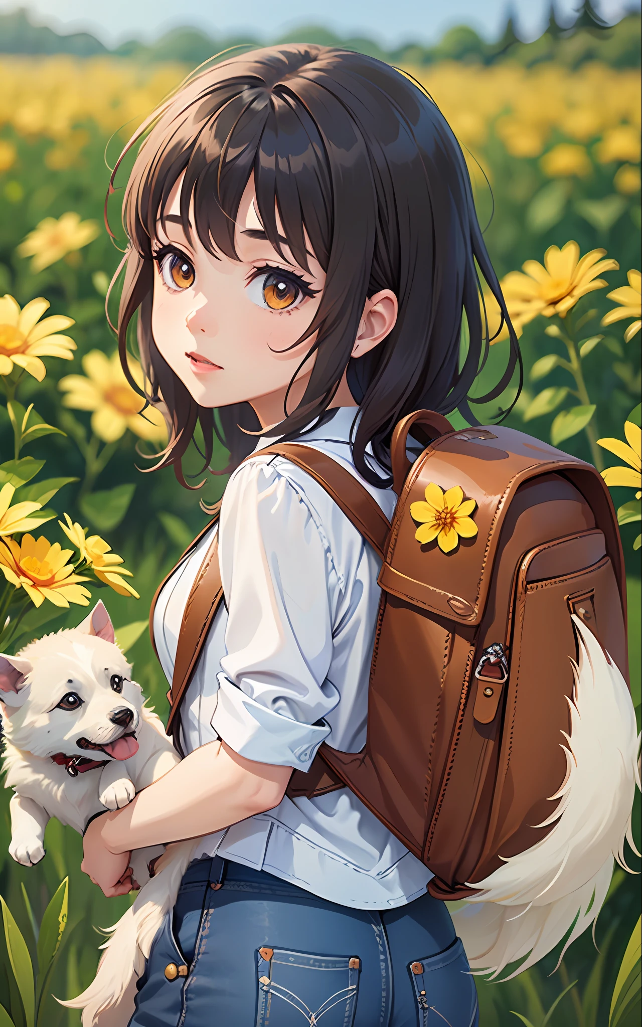 A very charming little girl with a backpack and her cute border collie puppy enjoying a lovely spring outing surrounded by beautiful yellow flowers and nature. The illustration is a high-definition illustration in 4K resolution with highly detailed facial features and cartoon-style visuals.