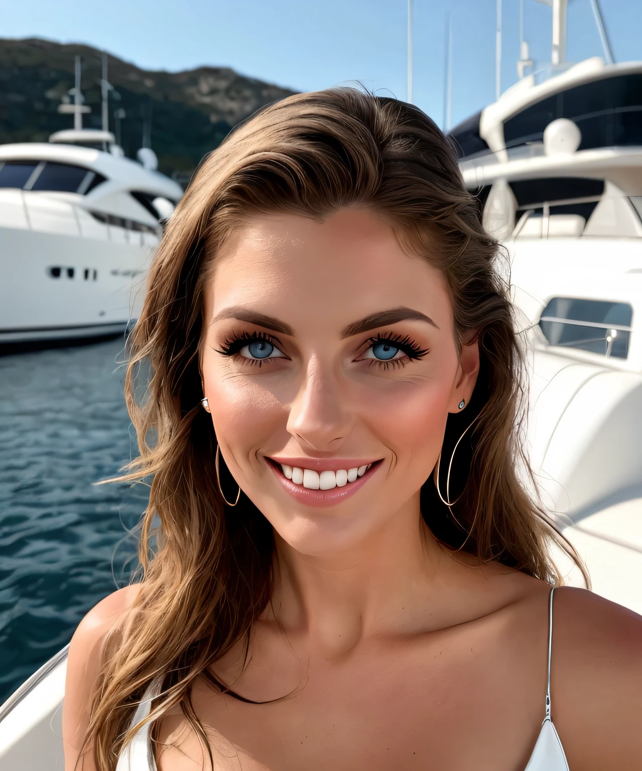 Legendary fashion gorgeous super model model 35 years old, [[[[full body shot]]]], [[[[chest]]]], [[[[neck]]]], [[[[shoulders]]]], glamour elegant bilionaire gala night yacht , perfect eyes, perfect iris, perfect lips, perfect teeth, perfect skin, soft front light, glow, HDR, (muted colors:1.2)