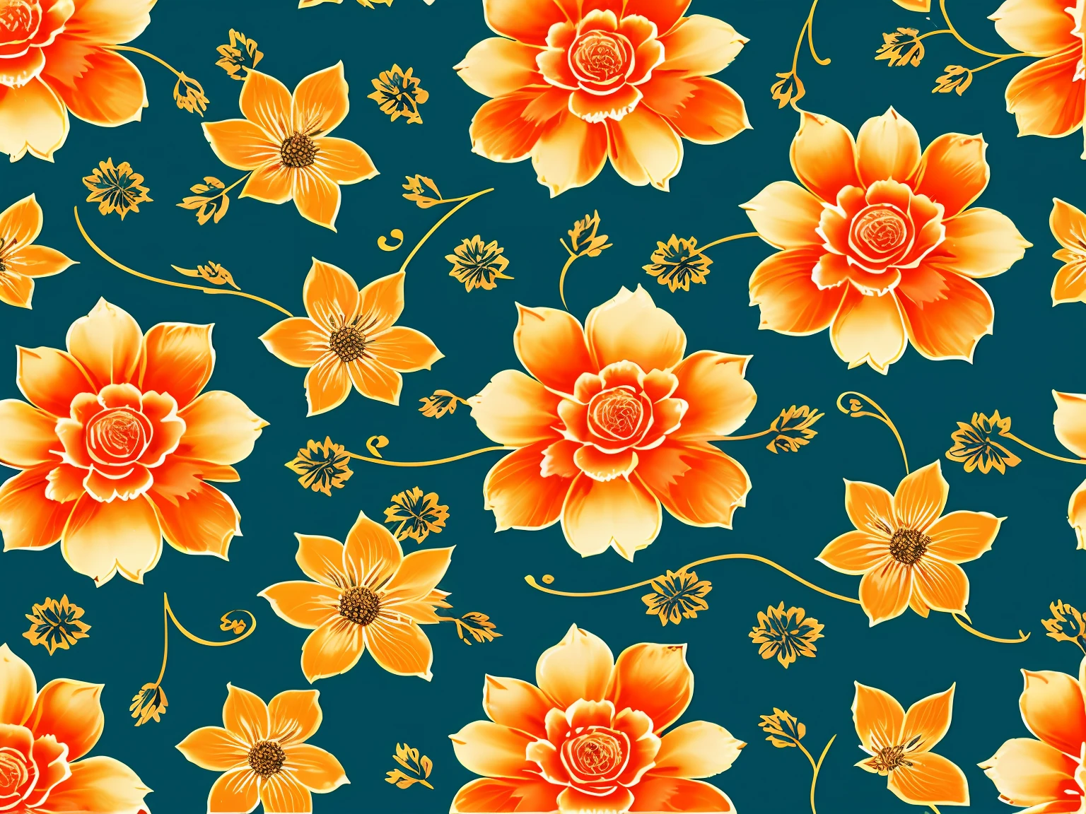 Elegant Vintage Flower Pattern, (use colours Deep Blue, Ocean Teal, Muted Gold, Soft Orange, Burnt Sienna), oil painted, roses, Scrapbook paper, uplighted, pale background, high contrast, bright beautiful colors, diagonal alignment, seamless pattern