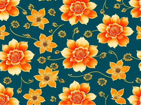 Elegant Vintage Flower Pattern, (use colours Deep Blue, Ocean Teal, Muted Gold, Soft Orange, Burnt Sienna), oil painted, roses, ...