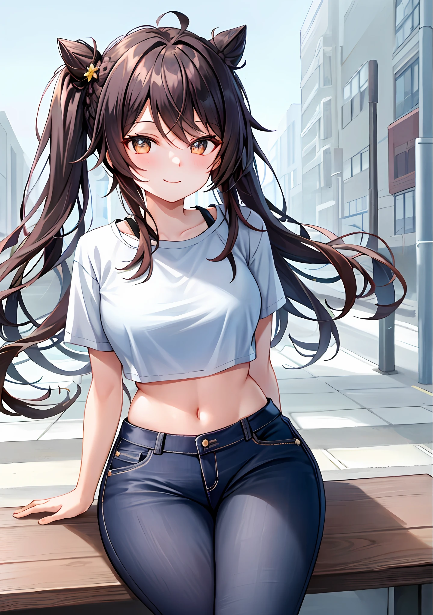 (masterpiece, best quality, ultra-detailed), hu tao \(genshin impact\), (black hair), cone hair bun, twin tails, long hair, swept bangs, braid, braided bangs,(wearing a t-shirt:1.2), sitting on a chair outside of caf, embracing the natural beauty, sunlight, beautiful cloudy sky, city, street, denim shorts, black stocking,
medium breasts, thick thighs, critical angle, cowboy shot, arm behind head, arm behind back, armpits, light smile, crop top, strong and seductive expressions,,