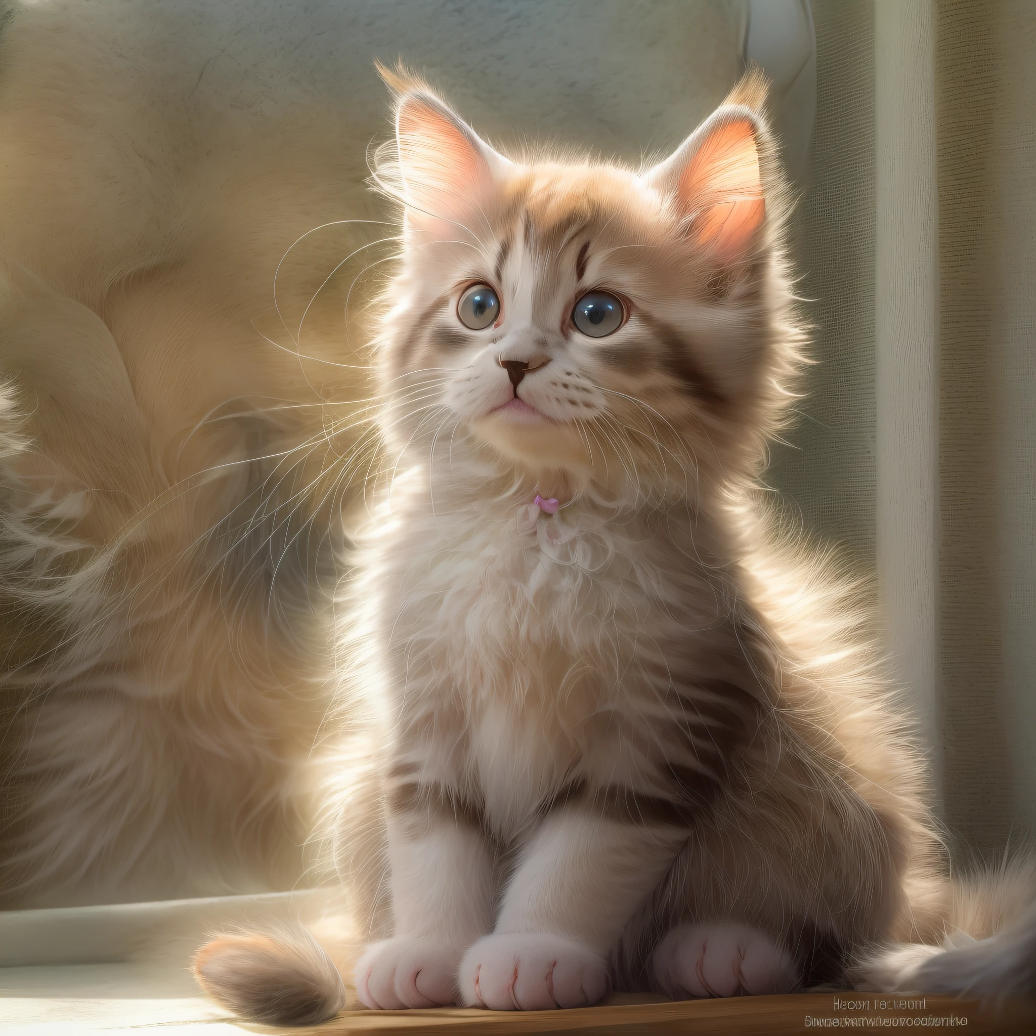 púbico peludo, gatinho fofo，Olhos grandes e redondos e uma expressão curiosa ficam no centro da imagem. Cada cabelo é macio, Um casaco peludo é visível, Destaque sua fofura. Gatinhos empoleirados nos peitoris das janelas, Olhe para o mundo à distância. luz solar entrando pela janela, Lance um brilho quente no pelo do gatinho. O fundo está um pouco desfocado, Chame a atenção para as características encantadoras dos gatinhos. A imagem é em alta definição, Capture cada detalhe da barba do gatinho, Nariz, e patas. Foco claro, Realce a textura dos olhos e pelos expressivos do gatinho. O efeito geral é um retrato real e comovente de um animal de estimação querido.