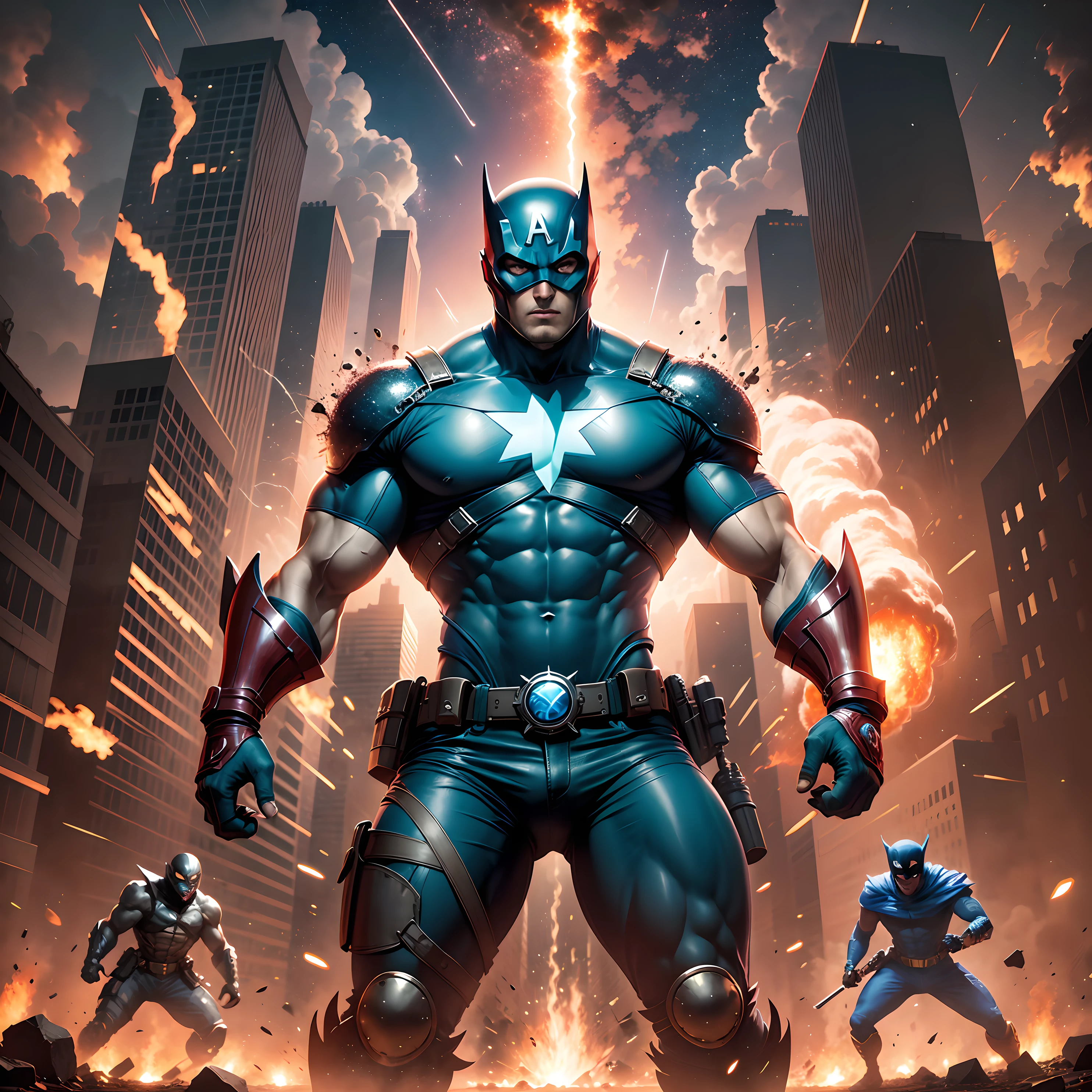 Ein Superheld im blauen Outfit kämpft in einer postapokalyptischen Welt gegen einen Bösewicht mit schwarzer Maske, umgeben von Zombies und Explosionen, während um sie herum ein Meteoritenregen fällt, 300-Filmstil. --Auto