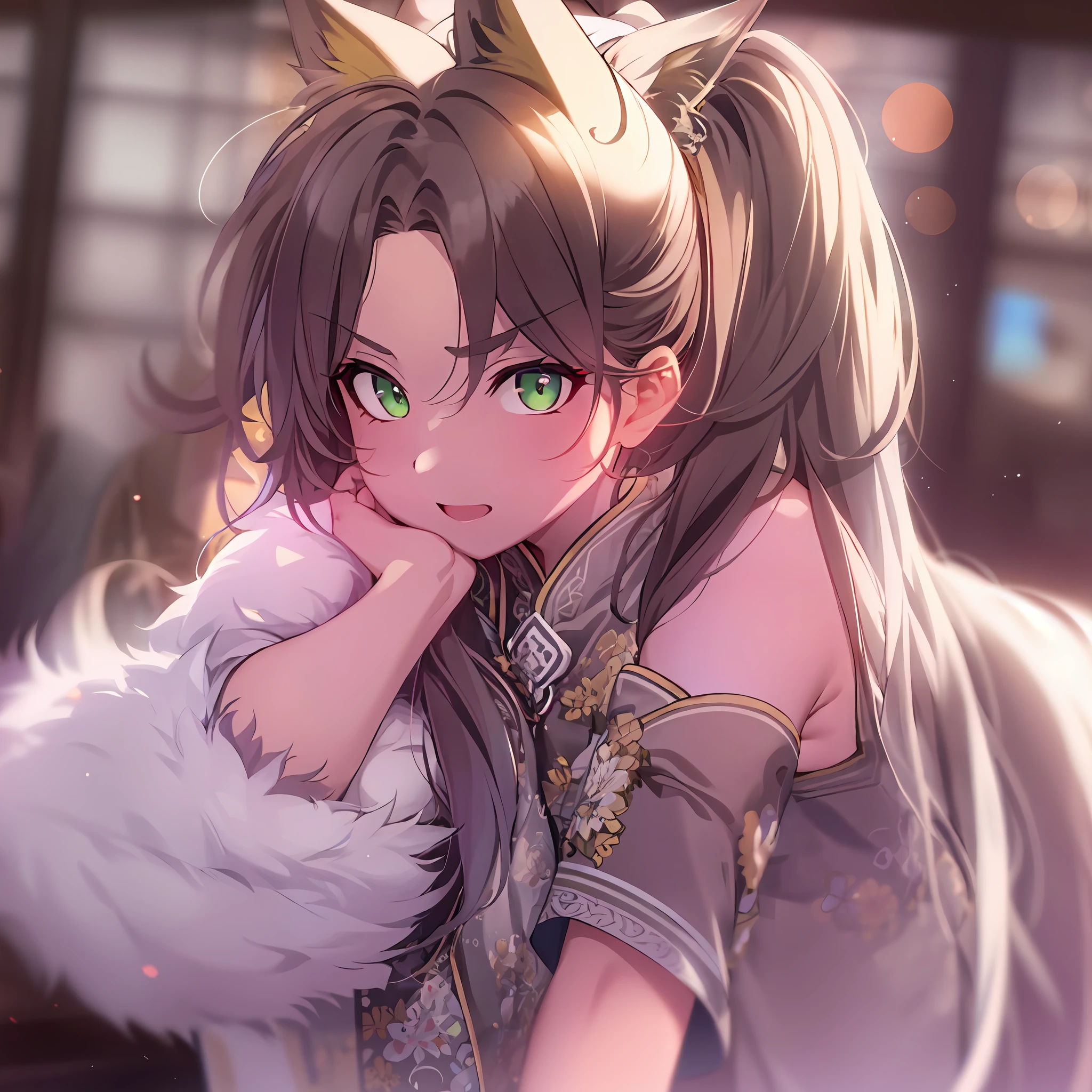 {{{{masterpiece, extremely detailed, intricate details, soft focus, 8K, highres, depth of field, absurdres, high quality facial shadowing, dynamic shadowing, extreme shaders, cinematic lighting, perfect lighting, soft lighting, hazy lighting, blurry foreground, lens flare, maturegirl, fox girl, fluffy fox ears, Browne hair, green eyes, ribbon, pony tail, chinese cloths, summer}}}}