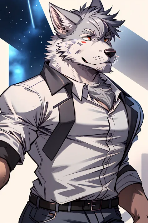 25-year old male, white shirt, hirsute, ash-grey hair, wolf furry