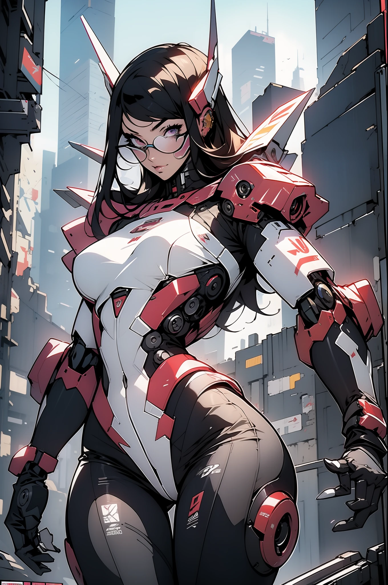 A powerful adult woman in her mega detailed mecha costume, Heavy weaponry, cyberpunk visor, hi-tech graphics all over the suit, best qualityer, ​masterpiece, pose sexy, perfectbody