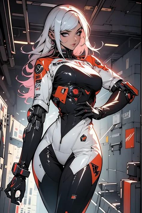Uma mulher adulta poderosa em seu traje mecha mega detalhado, armamento pesado, viseira cyberpunk, grafismos hi-tech por todo o ...