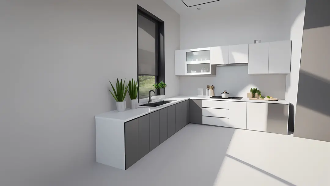 (kitchen design)+[natural lighting:1.2], (Gray acrylic panel:1.1), minimalist, sleek, modern, (white acrylic panel:1.1), elegant ambiance, sophisticated, inviting atmosphere, there is a kitchen with a black counter top, 01 window, and a white wall, 3 d ren...