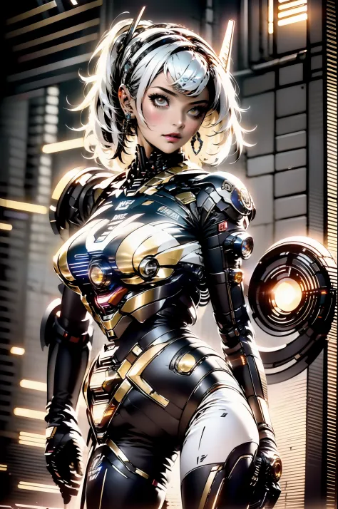 uma mulher adulta poderosa em seu traje mecha mega detalhado, armamento pesado, viseira cyberpunk, grafismos hi-tech por todo o ...