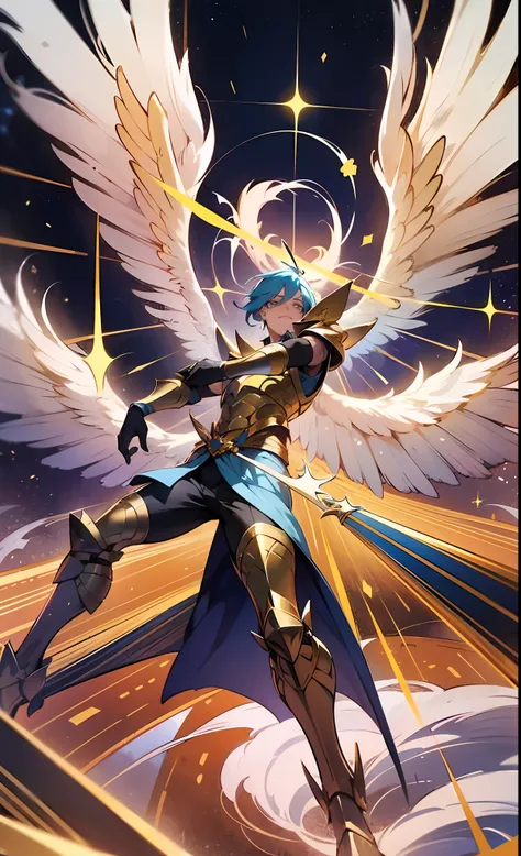 A man with eight wings flying in the air，Wear ethereal armor，Wear ...