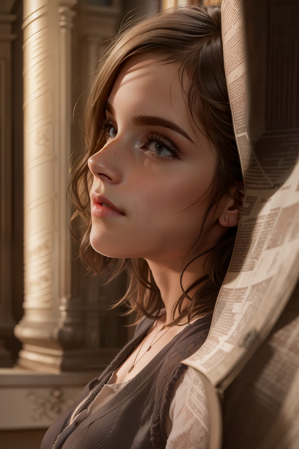 ((Emma Watson)), (elle est assise dans une vieille bibliothèque et feuillette un livre épais),
Taches de rousseur, ((elle a des petits seins ronds)),
(petite tête), ((visage détaillé)),
Lumière douce et cinématographique, ((((Look Kino)))), (photoréaliste), (tracé laser), (Netteté), ((texture de peau naturelle et réaliste)),
visage détaillé, Lèvres détaillées, Yeux détaillés, Double paupière, (((côté_voir_perspective))