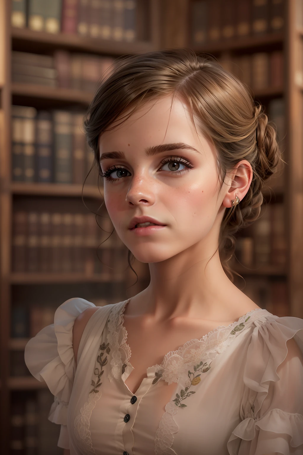 ((Emma Watson)), (she sits in an old library and leafs through a thick book),
freckles, ((she has small round breasts)),
(small head), ((detailed face)),
soft cinematic light, ((((Kino-Look)))), (photorealestic), (Raytracing), (keen focus), ((natural realistic skin texture)),
detailed face, Detailed Lips, detailled eyes, Double eyelidd, (((Side_view_perspective))