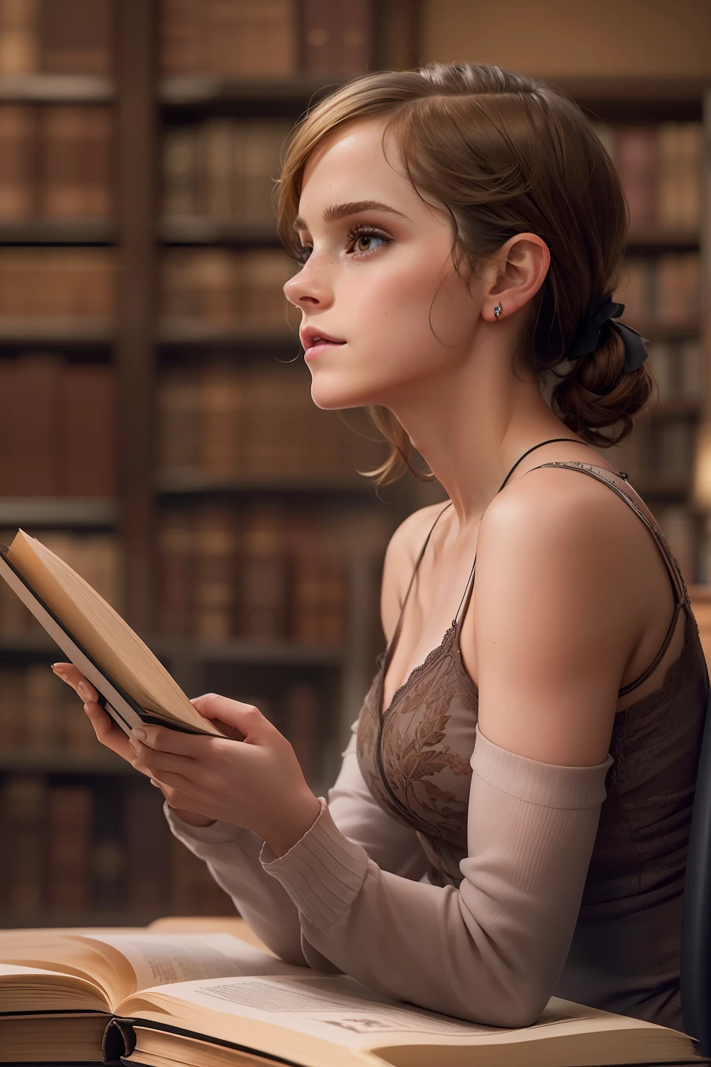 ((Emma Watson)), (she sits in an old library and leafs through a thick book),
freckles, ((she has small round breasts)),
(small head), ((detailed face)),
soft cinematic light, ((((Kino-Look)))), (photorealestic), (Raytracing), (keen focus), ((natural realistic skin texture)),
detailed face, Detailed Lips, detailled eyes, Double eyelidd, (((Side_view_perspective))