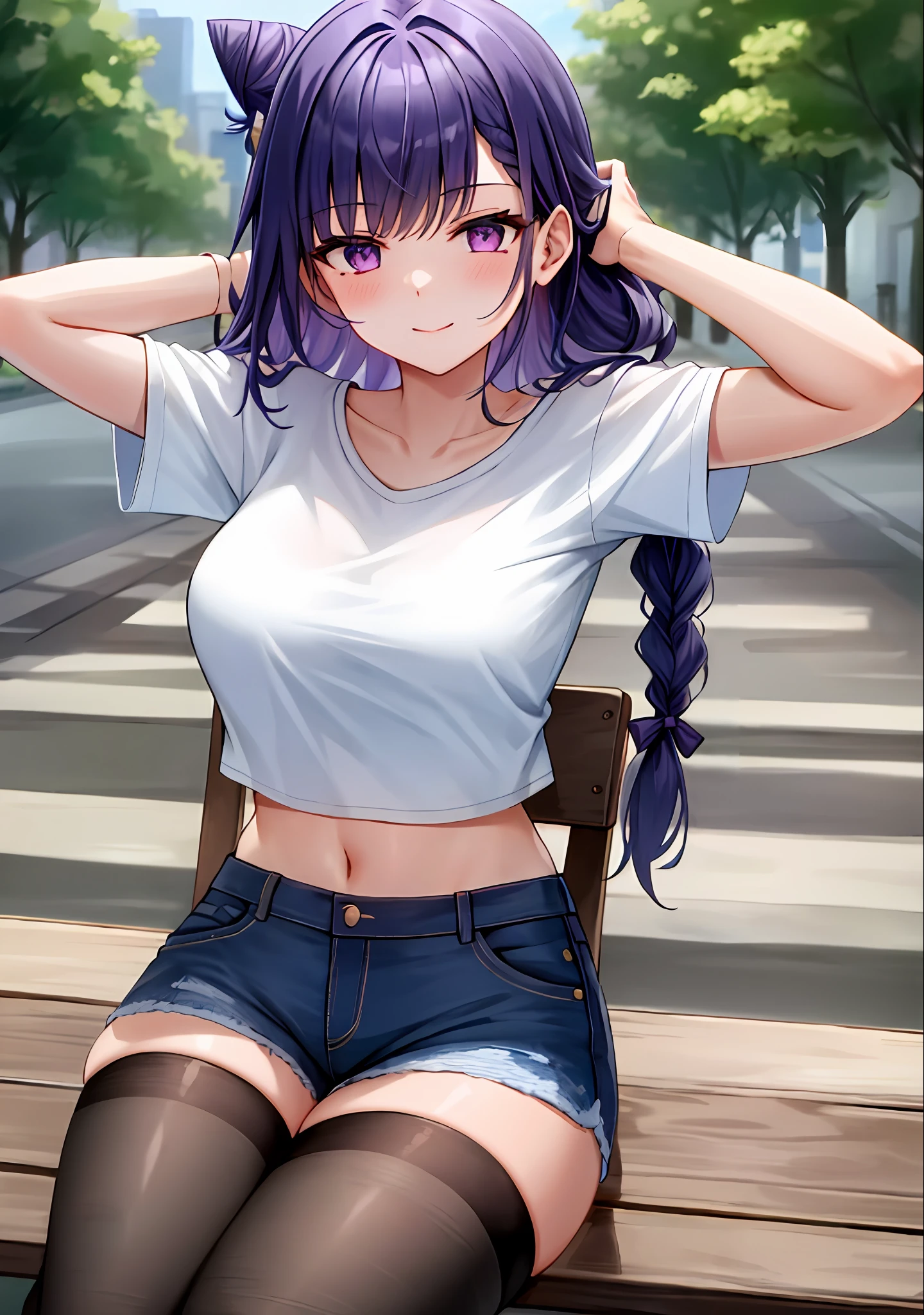 (masterpiece, best quality, ultra-detailed), Raiden shogun \(genshin impact\), (purple hair), cone hair bun, twin tails, long hair, swept bangs, braid, braided bangs, purple eyes, pink eyes,
(wearing a t-shirt:1.2), sitting on a chair outside of caf, embracing the natural beauty, sunlight, beautiful cloudy sky, city, street, denim shorts, black stocking,
medium breasts, thick thighs, critical angle, cowboy shot, arm behind head, arm behind back, armpits, light smile, crop top, strong and seductive expressions,,