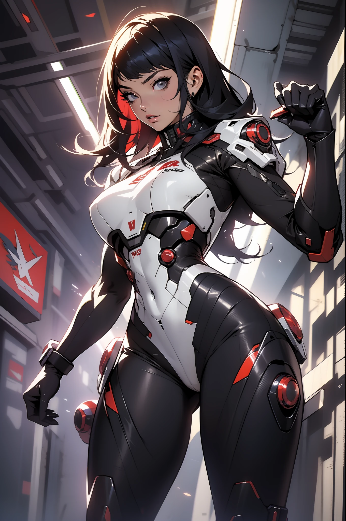 Uma mulher adulta poderosa em seu traje mecha mega detalhado, armamento pesado, viseira cyberpunk, grafismos hi-tech por todo o traje, melhor qualidade, obra prima, pose sexy, corpo perfeito