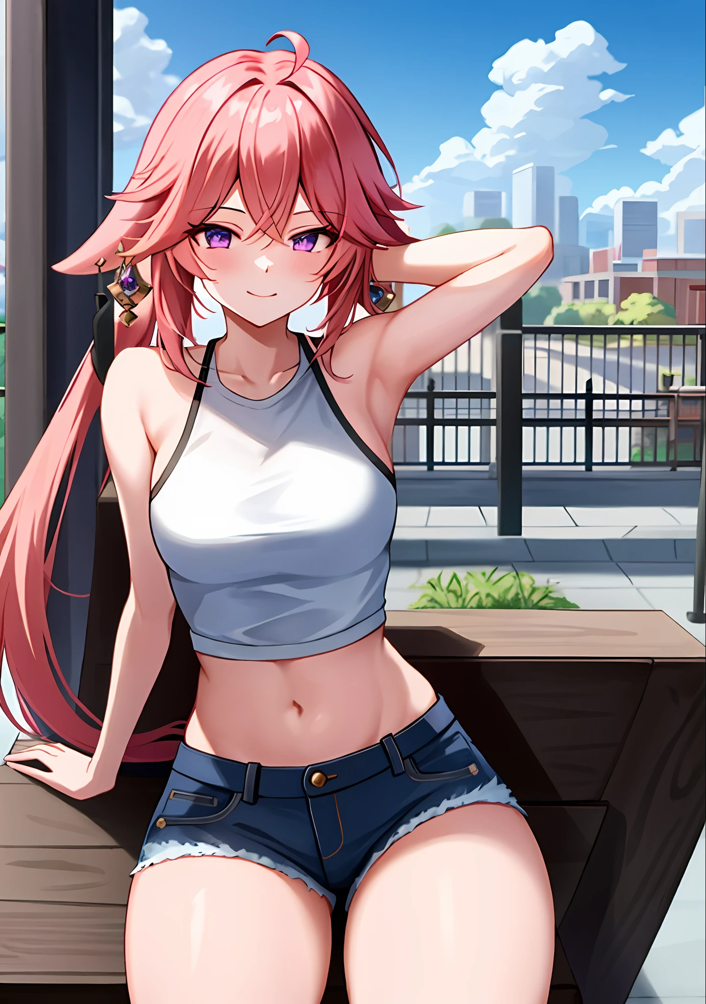 (masterpiece, best quality, ultra-detailed), yae miko \(genshin impact\), (pink hair), cone hair bun, twin tails, long hair, swept bangs, braid, braided bangs, purple eyes, pink eyes,
(wearing a t-shirt:1.2), sitting on a chair outside of caf, embracing the natural beauty, sunlight, beautiful cloudy sky, city, street, denim shorts, black stocking,
medium breasts, thick thighs, critical angle, cowboy shot, arm behind head, arm behind back, armpits, light smile, crop top, strong and seductive expressions,,