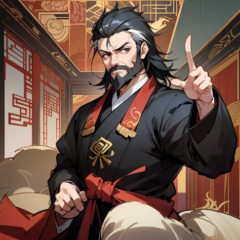 kryuger， 独奏， 1boy， malefocus， pointing at viewers， pointing finger，Dressed in gorgeous black Hanfu， cabelos preto e longos，The beard background is an ancient Chinese house yard，Masterpiece of the best quality，4K，high qulity，A high resolution