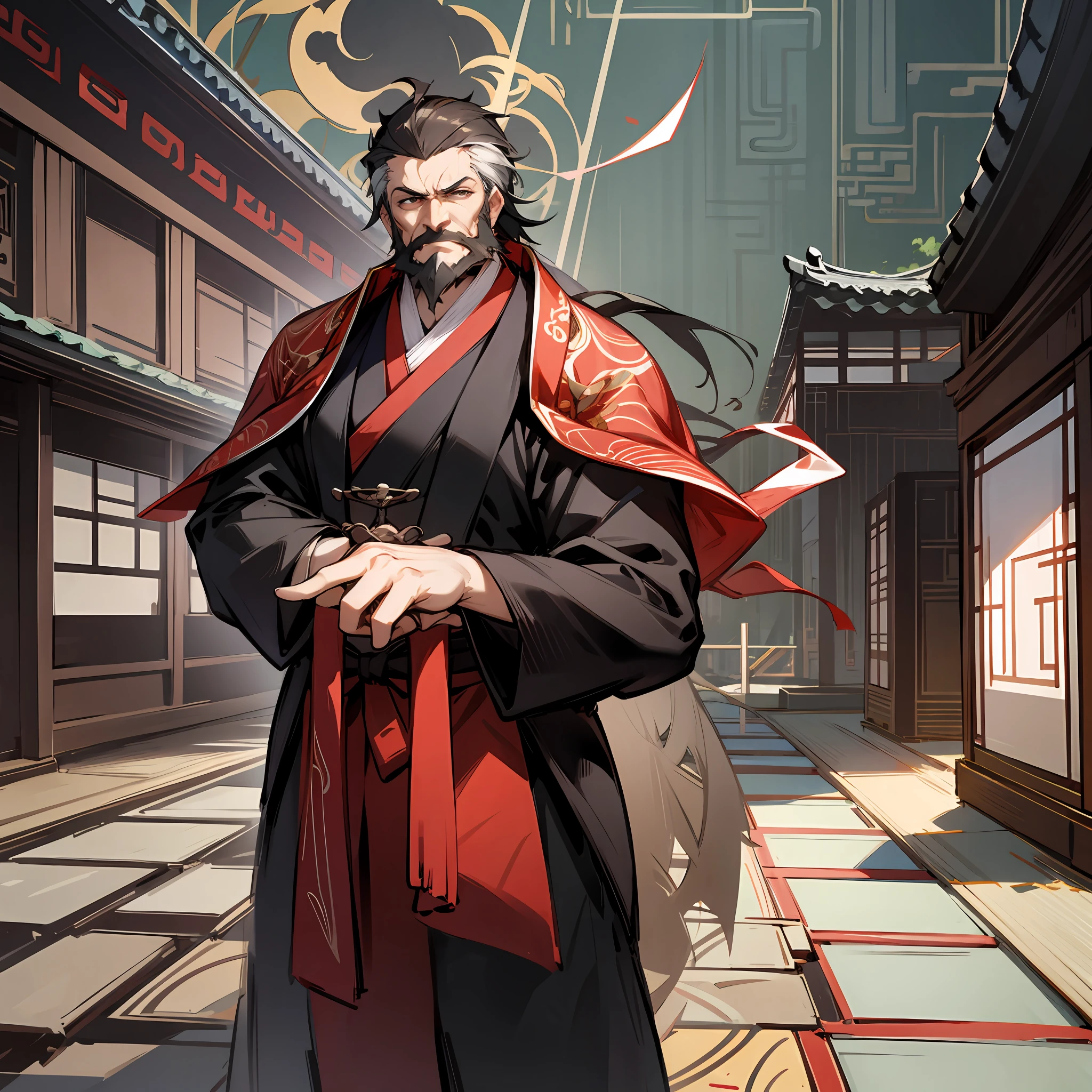 kryuger， 独奏， 1boy， malefocus， pointing at viewers， pointing finger，Dressed in gorgeous black Hanfu， cabelos preto e longos，The beard background is an ancient Chinese house yard，Masterpiece of the best quality，4K，high qulity，A high resolution