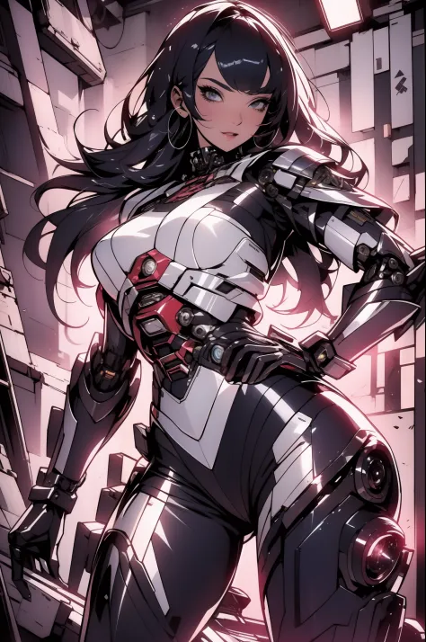Uma mulher adulta poderosa em seu traje mecha mega detalhado, armamento pesado, viseira cyberpunk, grafismos hi-tech por todo o ...