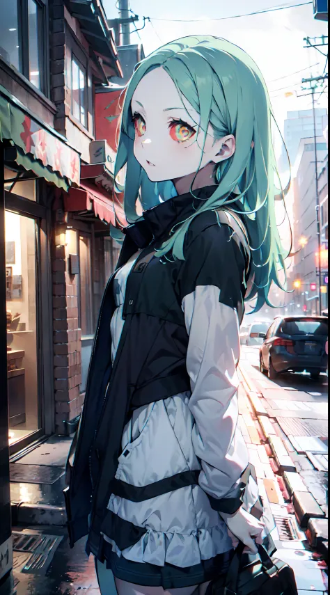 1girl, (solo:1.2), ((masterpiece)), slim, small chest, pale skin, ((detailed eyes)), (bokeh effect), green hair, long hair, straight hair, exterior, red eyes, jacket
