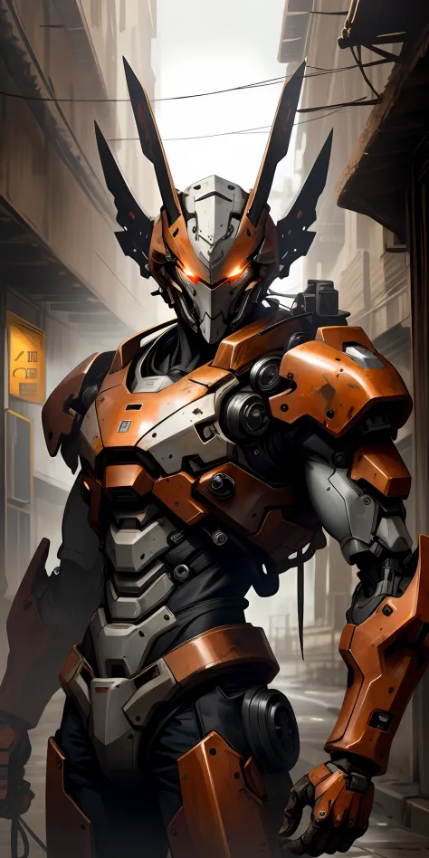 Portrait photo of an alpha male, perfect eyes, in a worn mecha suit, intricate, (steel metal [rust]), elegant, sharp focus, phot...