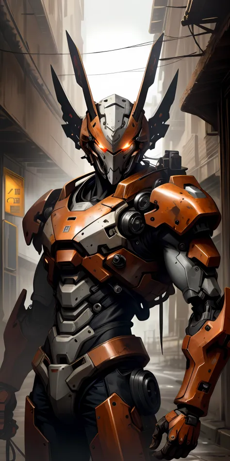 Portrait photo of an alpha male, perfect eyes, in a worn mecha suit, intricate, (steel metal [rust]), elegant, sharp focus, photo by greg rutkowski, soft lighting, vibrant colors, masterpiece, ((streets)), cowboy shot, dynamic pose,