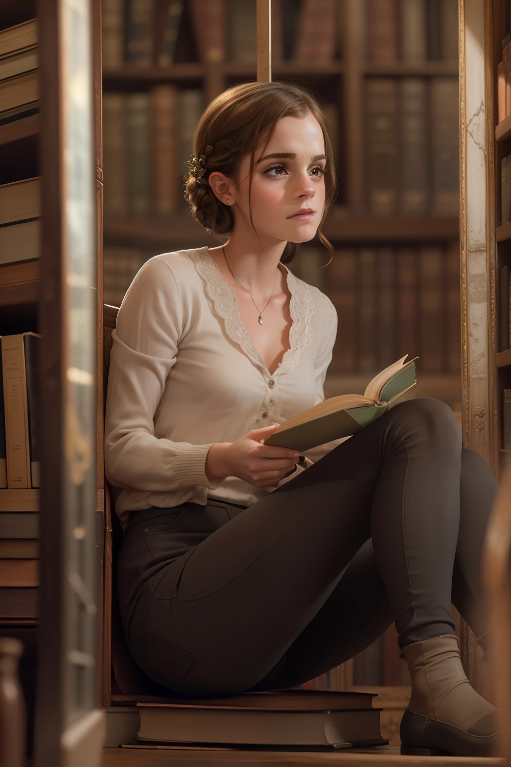 ((Emma Watson)), (she sits in an old library and leafs through a thick book),
freckles, ((she has small round breasts)),
(small head), ((detailed face)),
soft cinematic light, ((((Kino-Look)))), (photorealestic), (Raytracing), (keen focus), ((natural realistic skin texture)),
detailed face, Detailed Lips, detailled eyes, Double eyelidd, (((bottom_view))