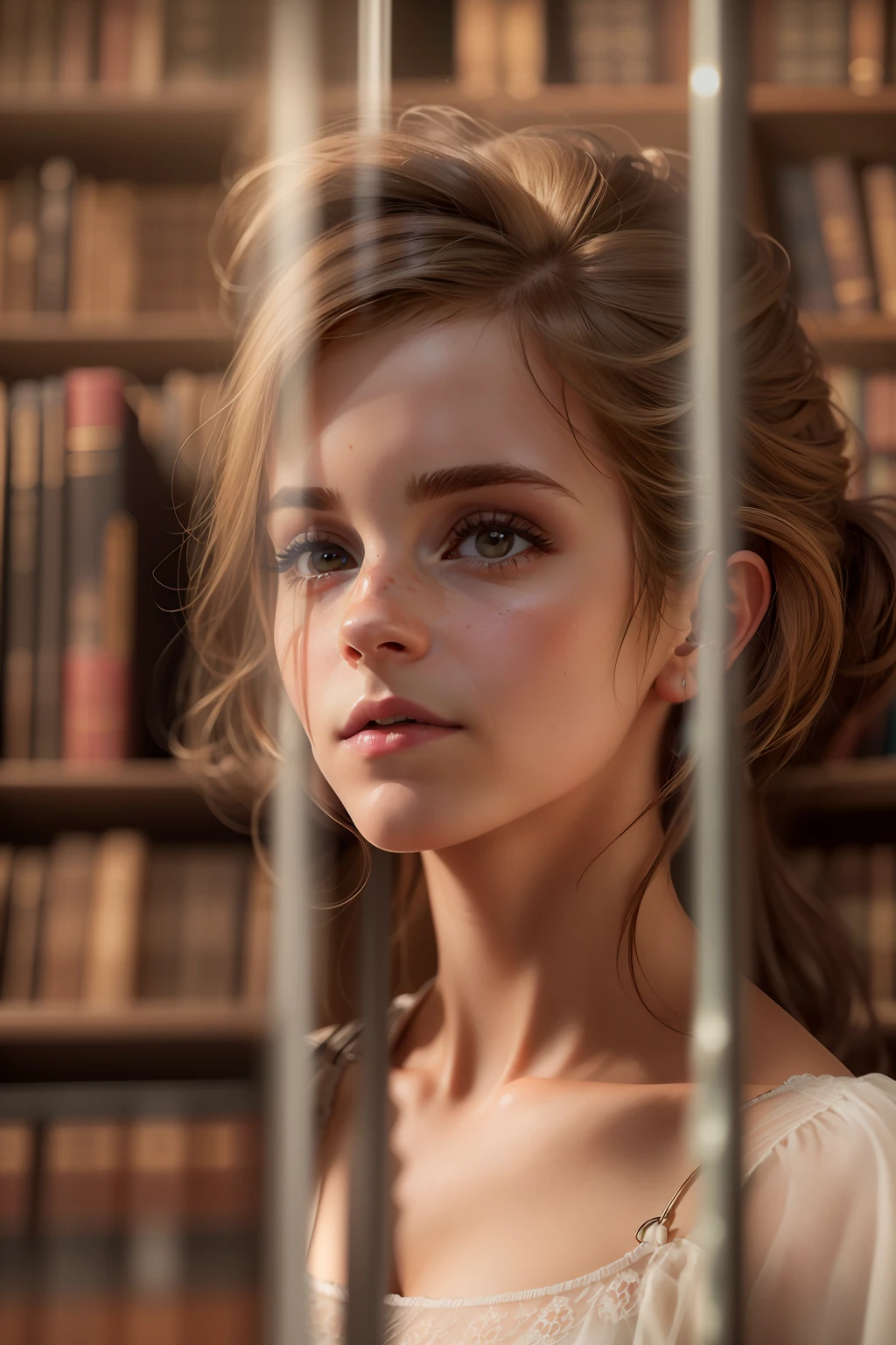 ((Emma Watson)), (she sits in an old library and leafs through a thick book),
freckles, ((she has small round breasts)),
(small head), ((detailed face)),
soft cinematic light, ((((Kino-Look)))), (photorealestic), (Raytracing), (keen focus), ((natural realistic skin texture)),
detailed face, Detailed Lips, detailled eyes, Double eyelidd, (((bottom_view))