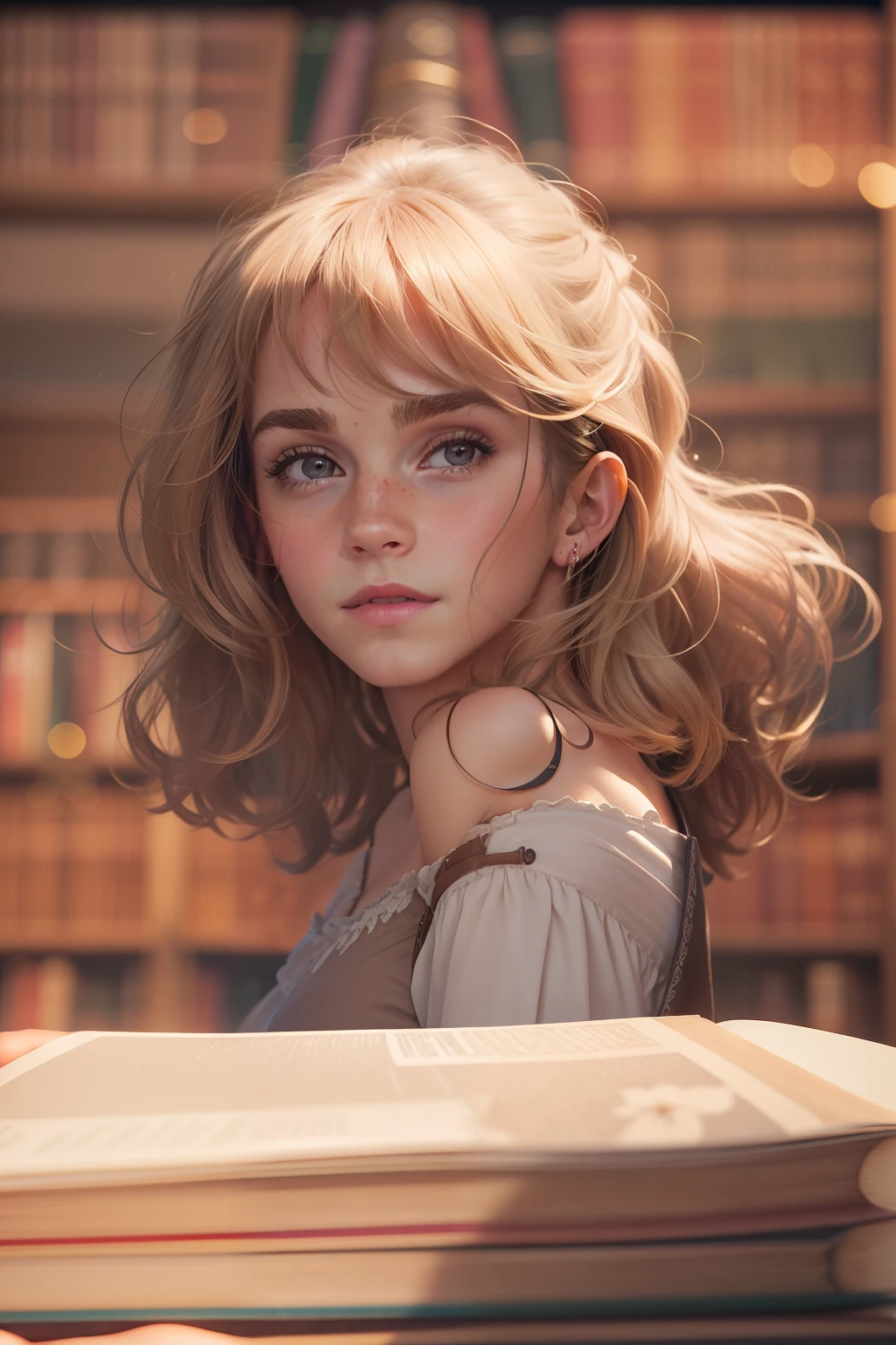 ((Emma Watson)), (she sits in an old library and leafs through a thick book),
freckles, ((she has small round breasts)),
(small head), ((detailed face)),
soft cinematic light, ((((Kino-Look)))), (photorealestic), (Raytracing), (keen focus), ((natural realistic skin texture)),
detailed face, Detailed Lips, detailled eyes, Double eyelidd, (((bottom_view))