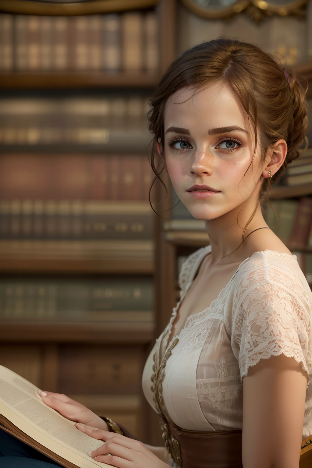 ((Emma Watson)), (she sits in an old library and leafs through a thick book), Sommersprossen, ((ponytail)), ((she has small round breasts)), (kleiner Kopf), ((detailliertes Gesicht)), Weiches filmisches Licht, ((((Kino-Look)))), (fotorealistisch), (Raytracing), (scharfer Fokus), ((natural realistic skin texture)), detailliertes Gesicht, detaillierte Lippen, detaillierte Augen, doppeltes Augenlid, (((side_view_perspective))