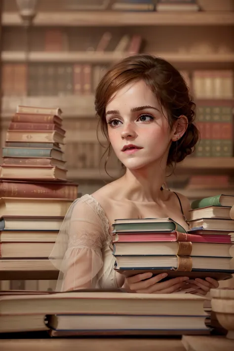 ((Emma Watson)), (she sits in an old library and holds a thick book), Sommersprossen, ((she has small round breasts)), (kleiner ...