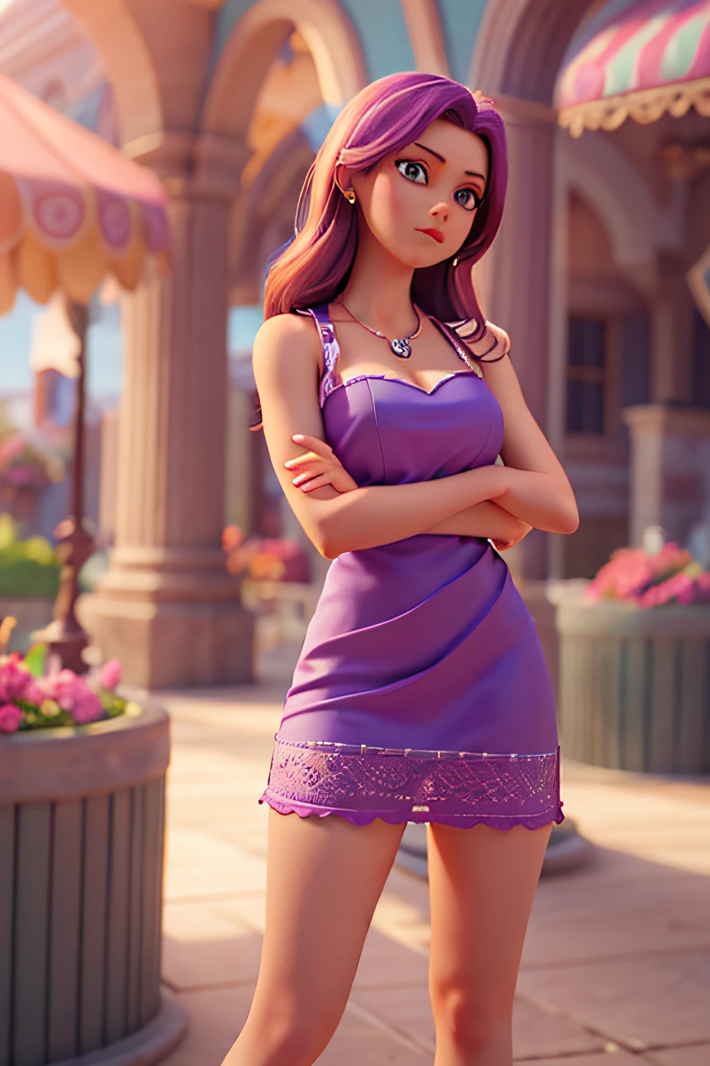 high resolution, 3D cartoon, a woman in a purple dress posing for a picture, in sunny weather, cute outfit, she is about 20 years old, perfect body face and hands, masterpiece, best quality