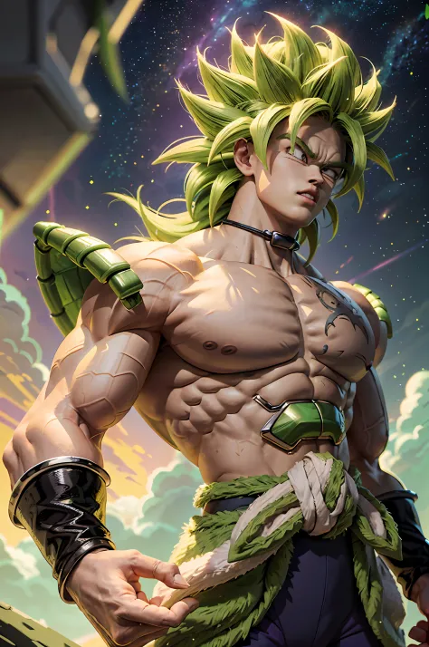 Broly from Dragon Ball Super, 1boy, closed mouth, male focus, muscular, muscular male, standing alone on Namek, sash, serious, s...