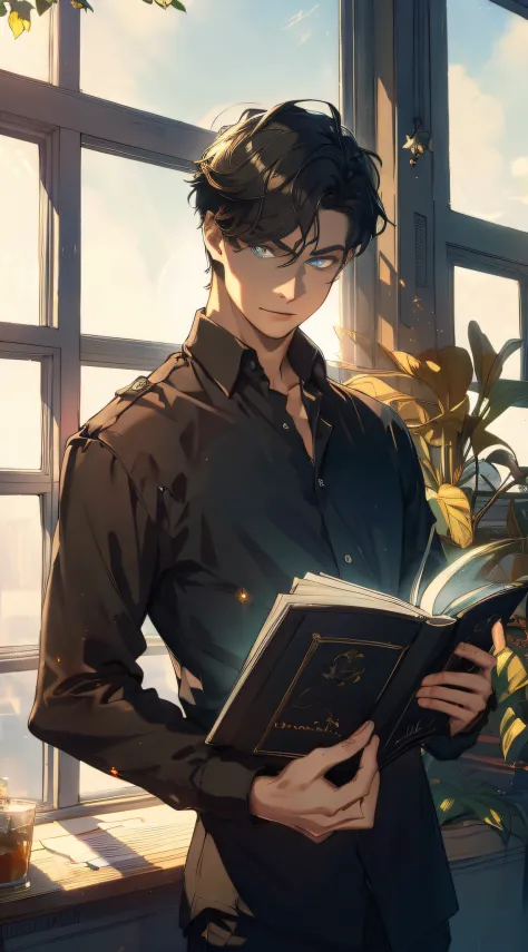 realistic, (best quality, masterpiece:1.3),
1boy,solo, reading,
hair black, bright pupils, short hair, hair slicked back,black l...