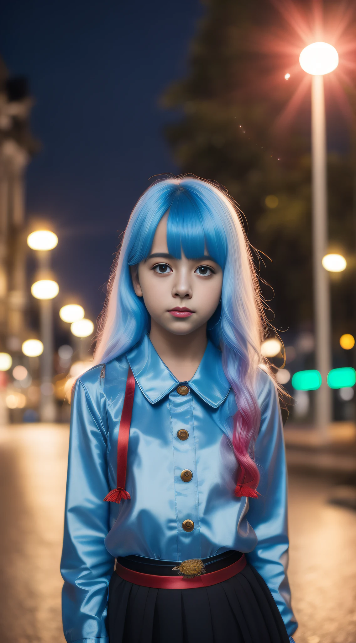 Menina branca bonita de 10 anos, with straight light blue hair long to the waist, com grandes olhos azuis bem juntos horizontalmente ao nariz,fofa,com bochechas rosadas, com jaqueta preta com simbolo do bitcoin dourado,blusa preta,de batom vermelho,lente 55 mm abertura f/1.5,with blurred background of an urban city at night full of illuminated buildings, and poles with blue and red lighting