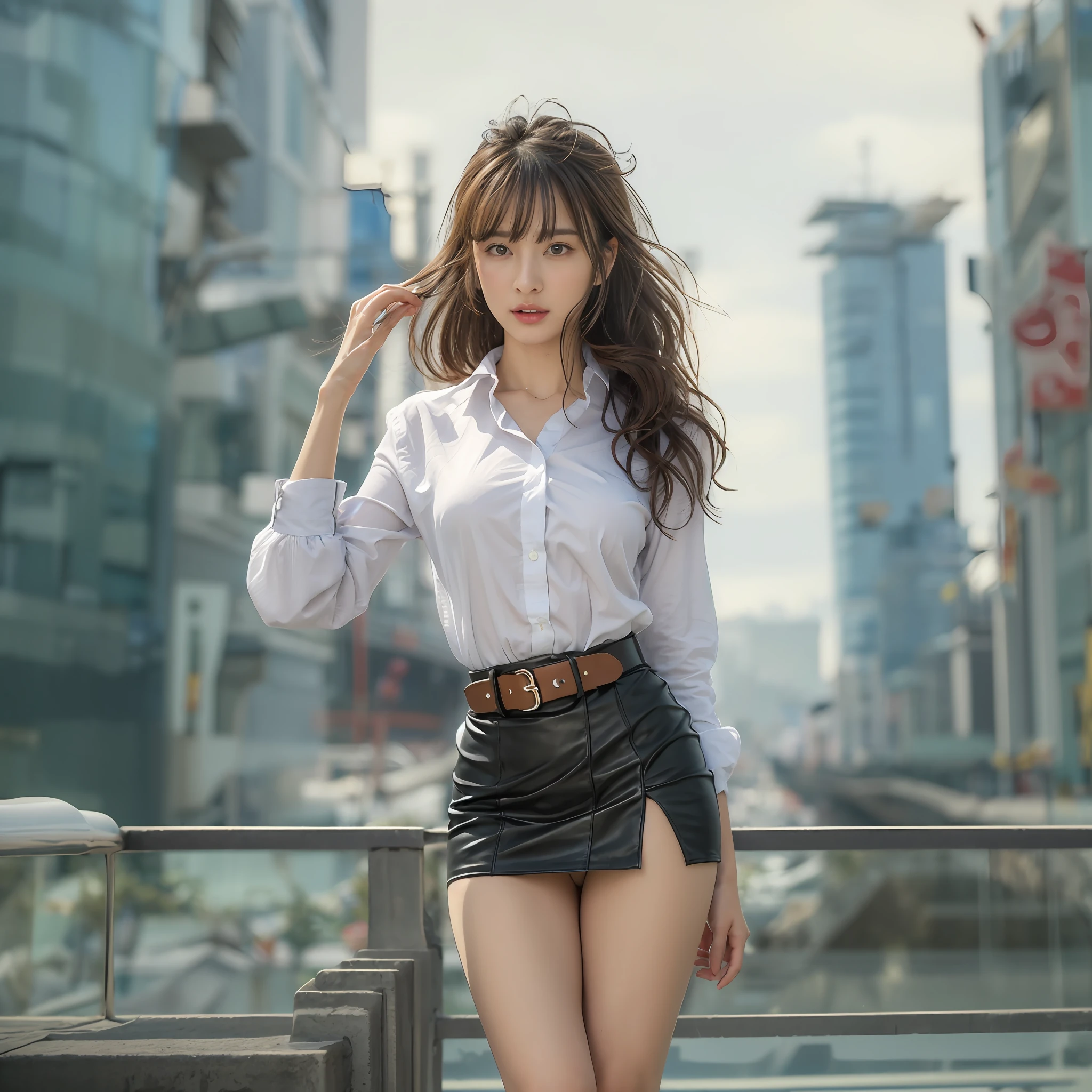 (​masterpiece:1.3), (8K, Photorealsitic, Raw photography, top-quality: 1.4), (1girl in), A pretty woman with perfect figure:1.4, cute  face, beautiful countenance, (Lifelike face), Beautiful hairstyle, realisticeyes, beautiful detail, (real looking skin), Beautiful skins, enticing, The ultra -The high-definition, A hyper-realistic, ighly detailed, (small tits:1.3), (cleavage of the breast:0.8)、White button-up shirt、a belt、Black leather tight skirt、Like Emily O'Hara Ratajkowski Japan, Semi-long curly hair、bangss、(Brown hair、1.3)、(slim figure))、Kojiri、(small and beatiful model pose、is standing、long bootodern architecture in background)、Walking、Red underwear is visible