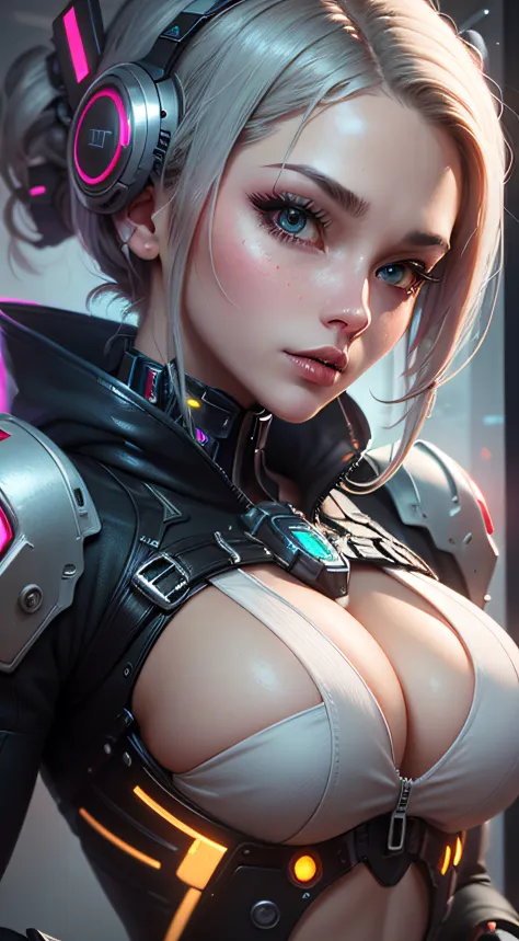 Highest image quality，Outstanding details，超高分辨率，（Fidelity：1.4），The best illustration，Favor the details，closeup cleavage，A mech girl，He has a delicate and beautiful face，（（Red and white semi-mechanical body：1.8）），Raised sexy，frontage，cyber punk perssonage，F...