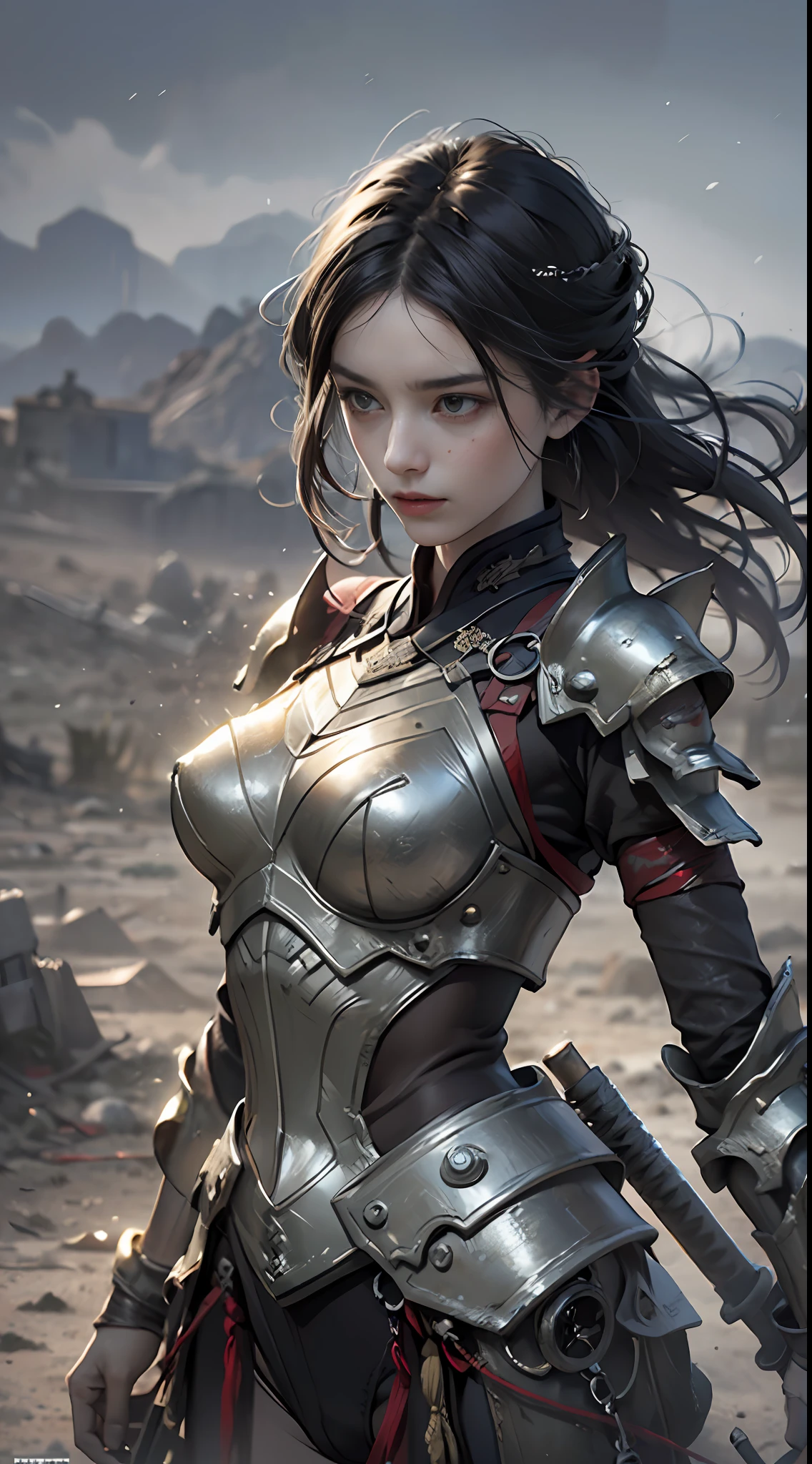 8k wallpaper，ultra - detailed，rich details​，ultraclear，8K,，Best quality at best，best qualtiy，mistic，1 female warrior，Black armor，Ancient Chinese general armor，（（（Sword in hand））），facing to audience，(((A withered battlefield，ruins，run-down,Wasteland，barren，A desert)))，Sadness outside，battlefiled，ancient battle field，，（（the night，Dimly lit，Dark 1.3）），Bust composition