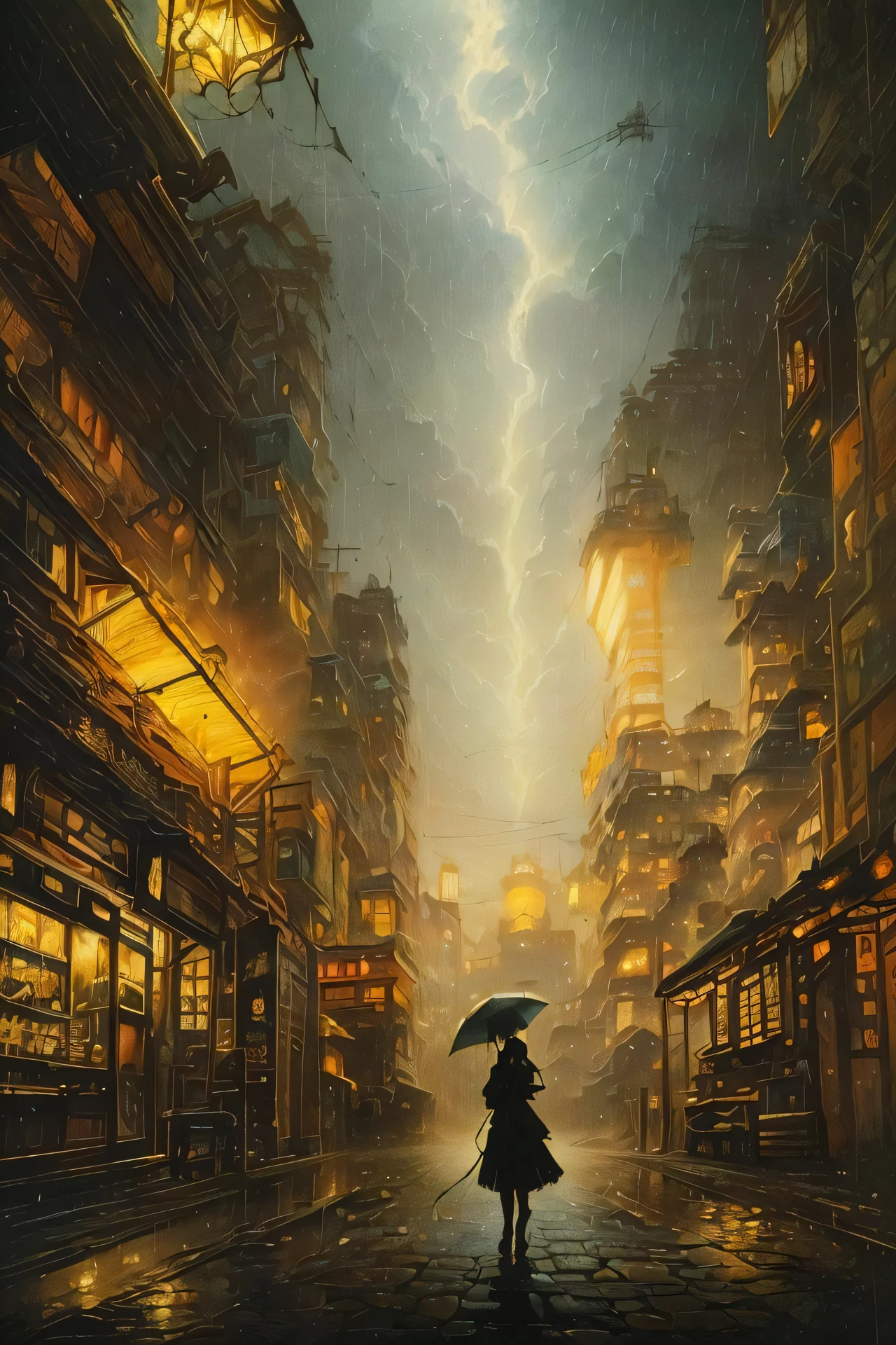 ((masterpiece, best quality)), (extremely detailed CG unity 8k wallpaper, masterpiece, best quality, ultra detailed, best shadow), (detailed background), (beautiful detailed face, beautiful detailed eyes), High contrast, (best illumination, an extremely delicate and beautiful), (anime girl:1.2), ((A small cafe at night during rain, moody scene, highly detailed, intricate, sharp details, dystopian mood, 1950 scene by gaston bussiere, craig mullins, somber lighting, drawn by Giacomo Burattini, inspired by graphic novel cover art)), ((caustic)), dynamic angle, beautiful detailed glow,