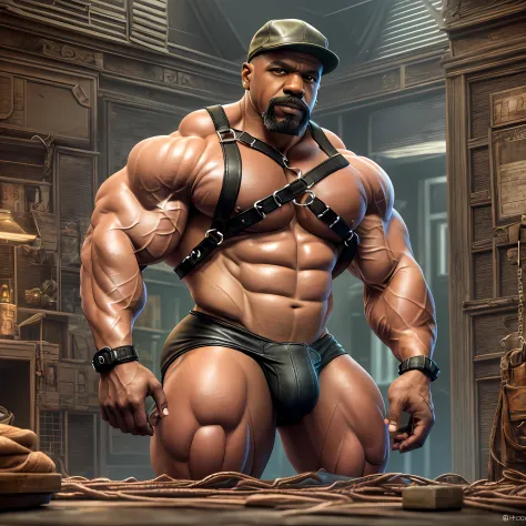 bdsm aesthetic, 8k, super detail, A portrait full body of Terry Crews moustache beard, wearing jockstrap, medium hair shaved sides, Strong, muscular, jockstrap, hairy big belly bodybuilder, bdsm gear, chains, harness, collar, hard big, leather boots, epic ...