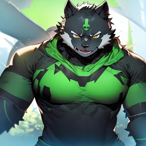 furry，black panther，fluorescent green pattern，green pupills