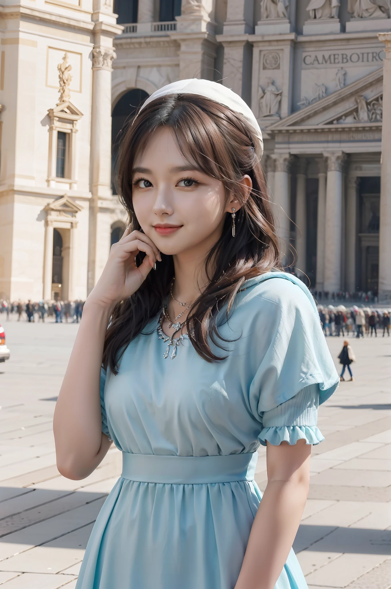 Masterpiece, 4K, Best quality, FELute, necklace,Gorgeous dress, (on the St. Peter's Square of Vatican,crowd of),Bracers, Cowboy shot, lookatthe viewer, Smirk, Hand up
