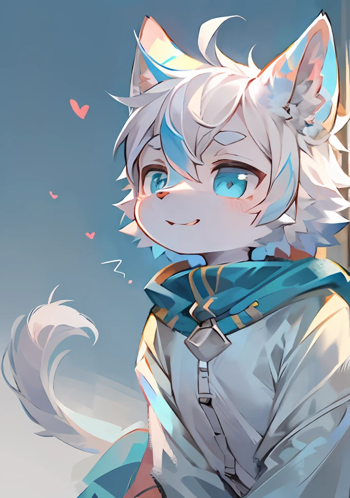 (8K, Best quality, Masterpiece:1.2),Masterpiece,High quality,abstract res,Digital painting\(artwork of a\), by Dagasi, Yupa,Kiyosan,(anthro,Fluffy fur,Character focus:1.1),anthro male cat,Short hair, eyes with brightness, in a panoramic view, Character focus.(detailedbackground:0.7), 独奏, shaggy, shaggy male, malefocus, anthr,(Short head，Full Body Furry, Fluffy tail, Pure white fur, White ears，White，Handheld white telephoto lens，Fair legs，blue color eyes, White color hair:1.2), (long canines、cloaks：1.2），Confident and happy expression,kawaii,Cute,Fancy,Fragile,Cool,Handsome. Look into the distance