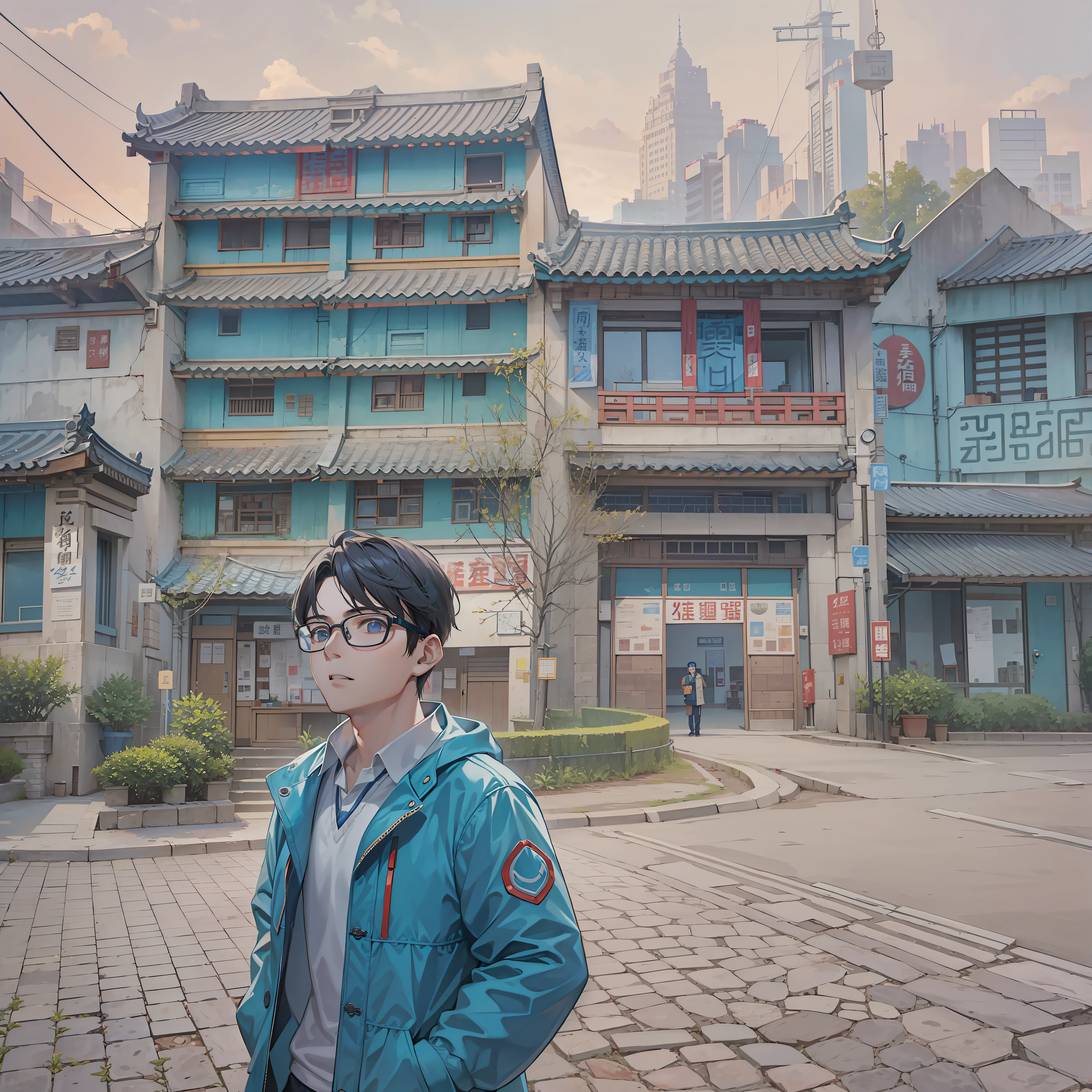 usando una chaqueta azul、Un hombre de Arafeld con gafas se encuentra frente a un edificio., qi sheng luo, Li Zixin, autor li zhang, huifeng huang, guangjian huang, xiang duan, chen xintong, Leng Jun, lin hsiang, Zhang Pengzhen, xiaofan zhang, yintion j-jiang geping