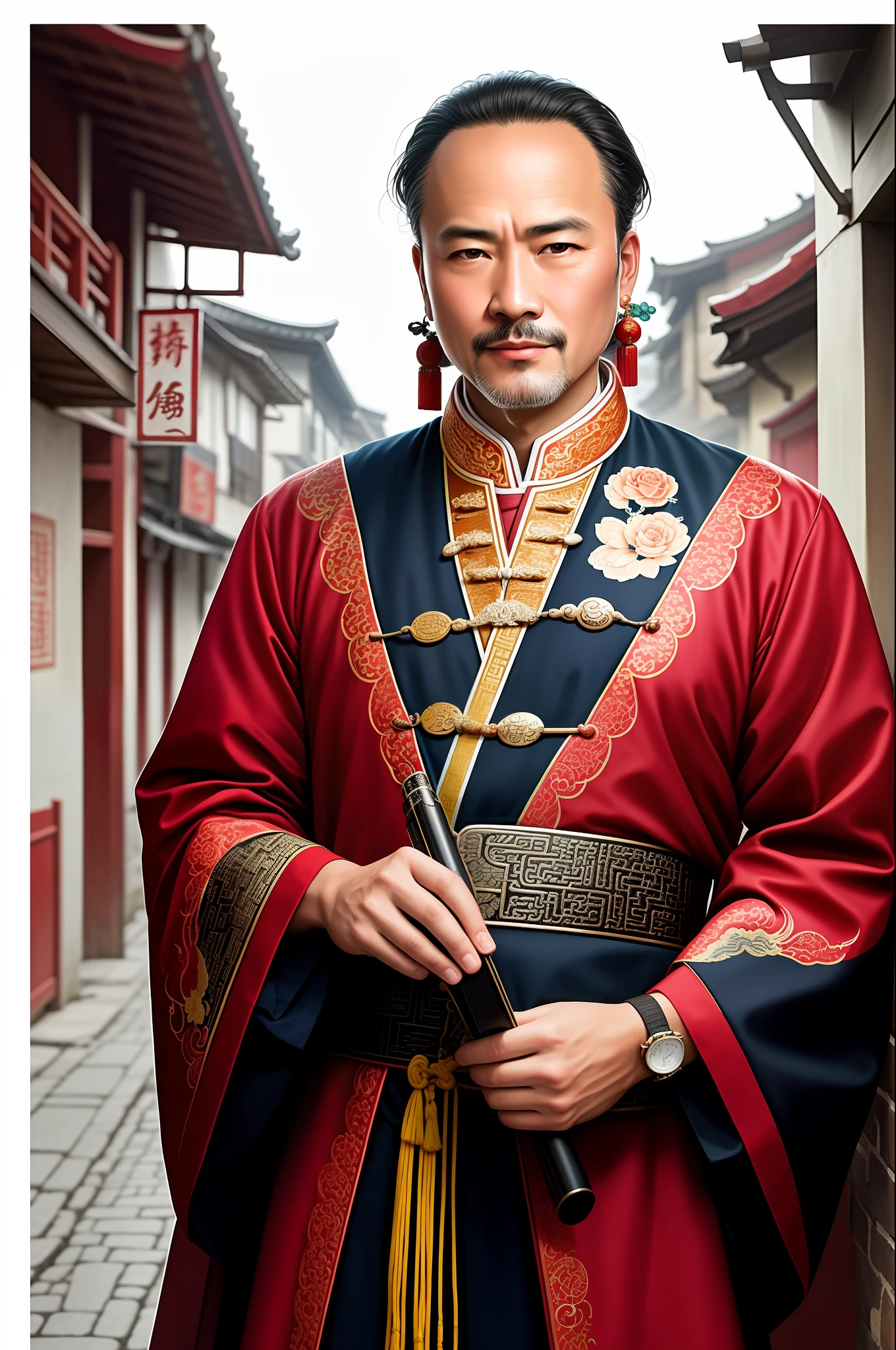 arafed-man-in-a-red-and-blue-oriental-outfit-holding-a-sword-seaart-ai